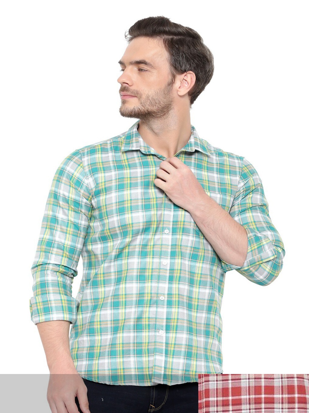 

BAWERIN Men Set Of 2 Original Regular Fit Tartan Checked Cotton Casual Shirt, Green