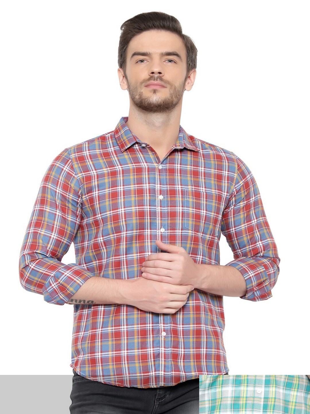 

BAWERIN Men Set Of 2 Original Regular Fit Tartan Checked Cotton Casual Shirt, Red