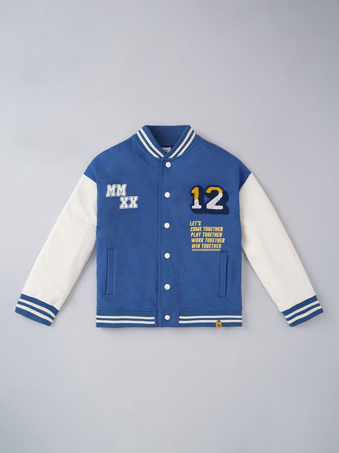 

Ed-a-Mamma Boys Blue Colourblocked Crop Denim Jacket with Patchwork