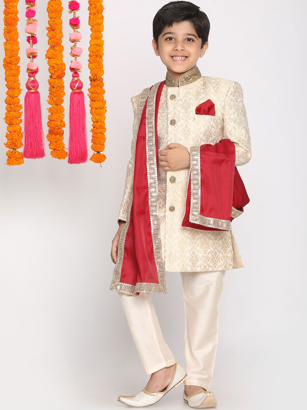 

VASTRAMAY Boys Beige & Red Embellished Silk Blend Sherwani with Dupatta