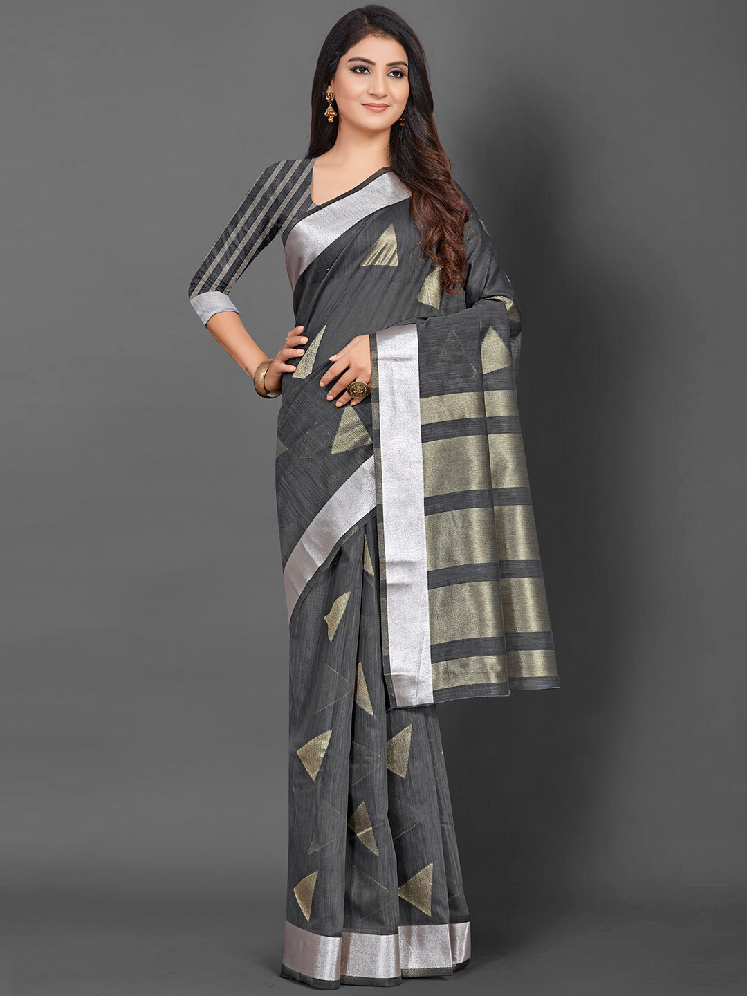

Mitera Grey & Gold-Toned Woven Design Zari Linen Blend Banarasi Saree