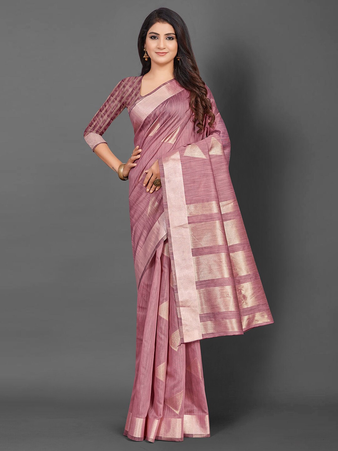 

Mitera Mauve & Gold-Toned Woven Design Zari Linen Blend Banarasi Saree