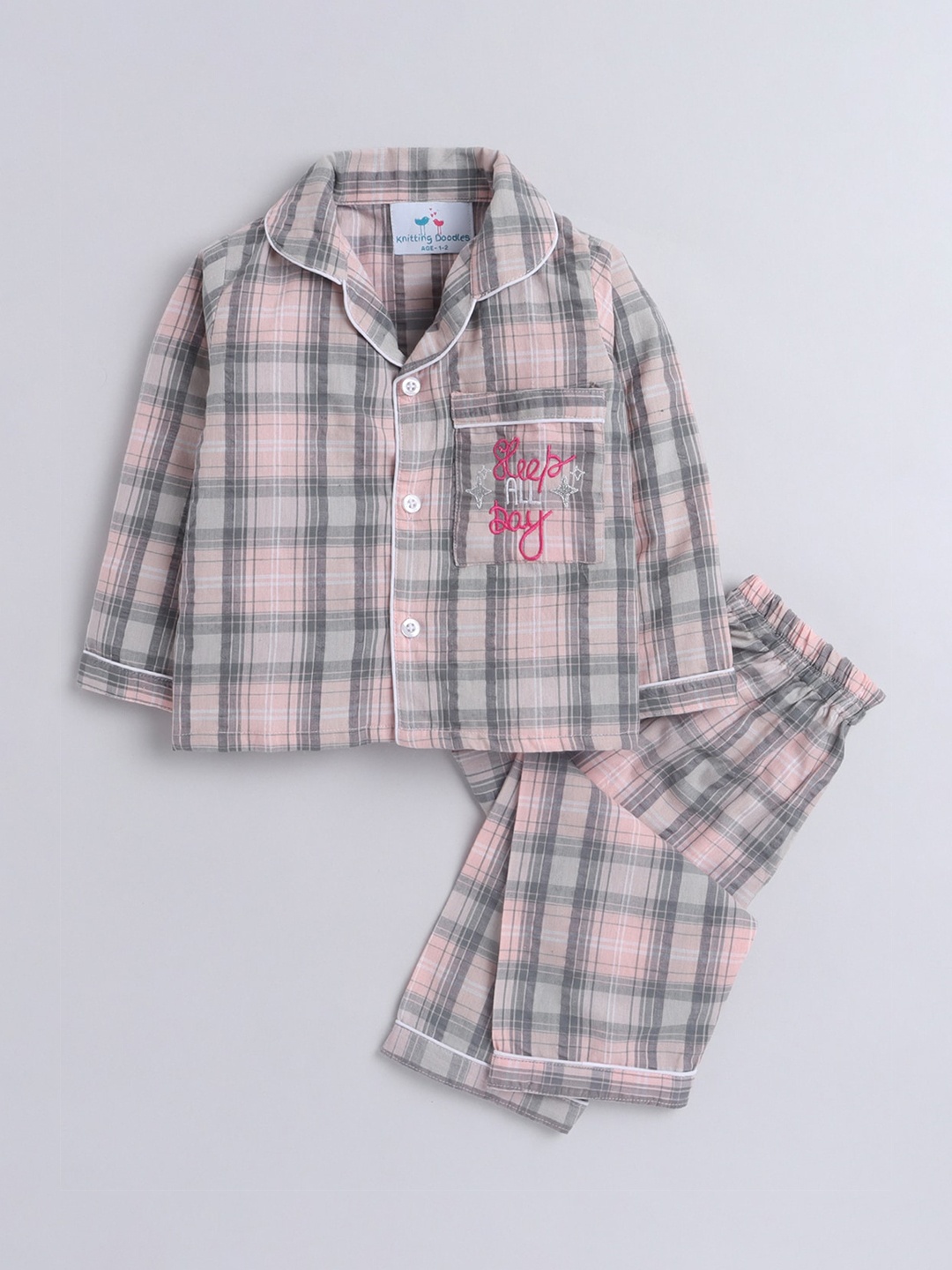 

Knitting Doodles Kids Pink & Grey Checked Embroidery On Pocket Cotton Blend Night suit