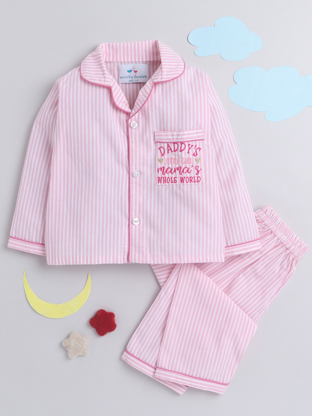 

Knitting Doodles Kids Pink & Off White Striped Night suit