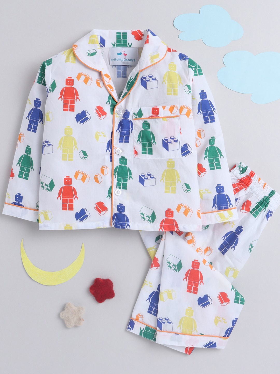 

Knitting Doodles Unisex Kids White & Blue Printed Night Suit