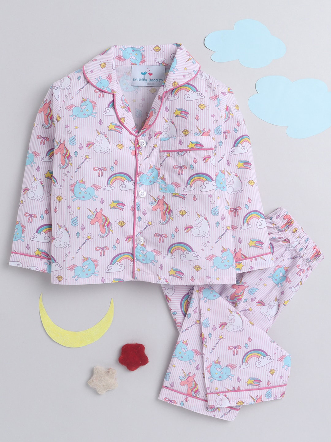 

Knitting Doodles Kids Pink & Blue Striped Cotton Blend Night suit