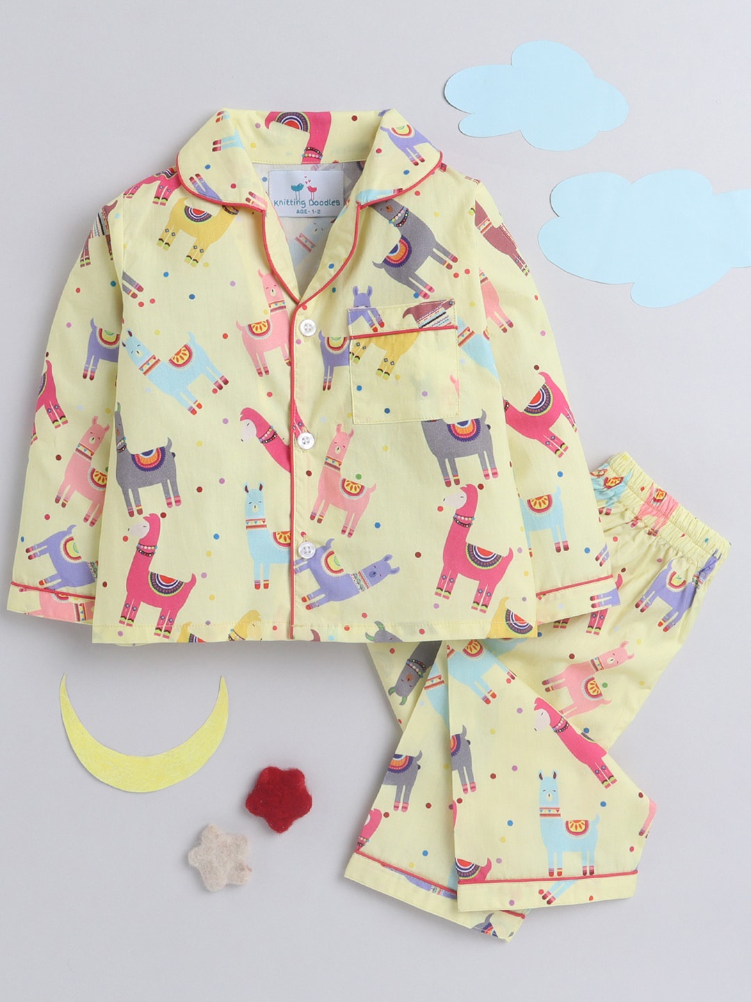 

Knitting Doodles Unisex Kids Yellow & Red Printed Night suit