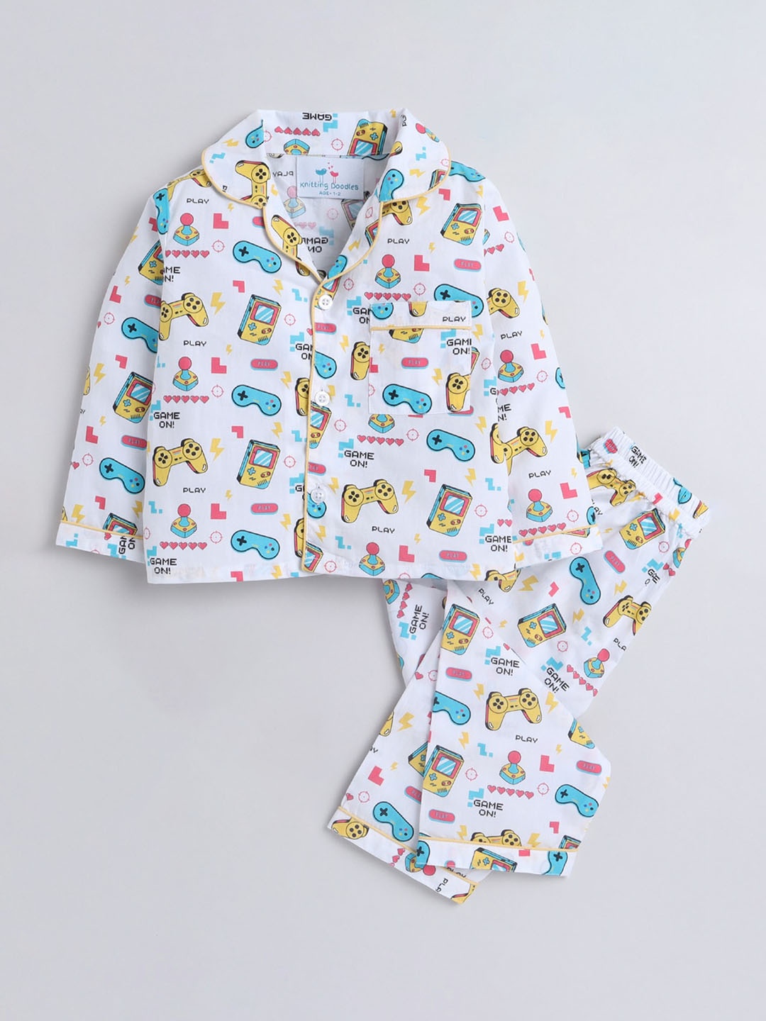 

Knitting Doodles Unisex Kids White & Blue Conversational Printed Night suit