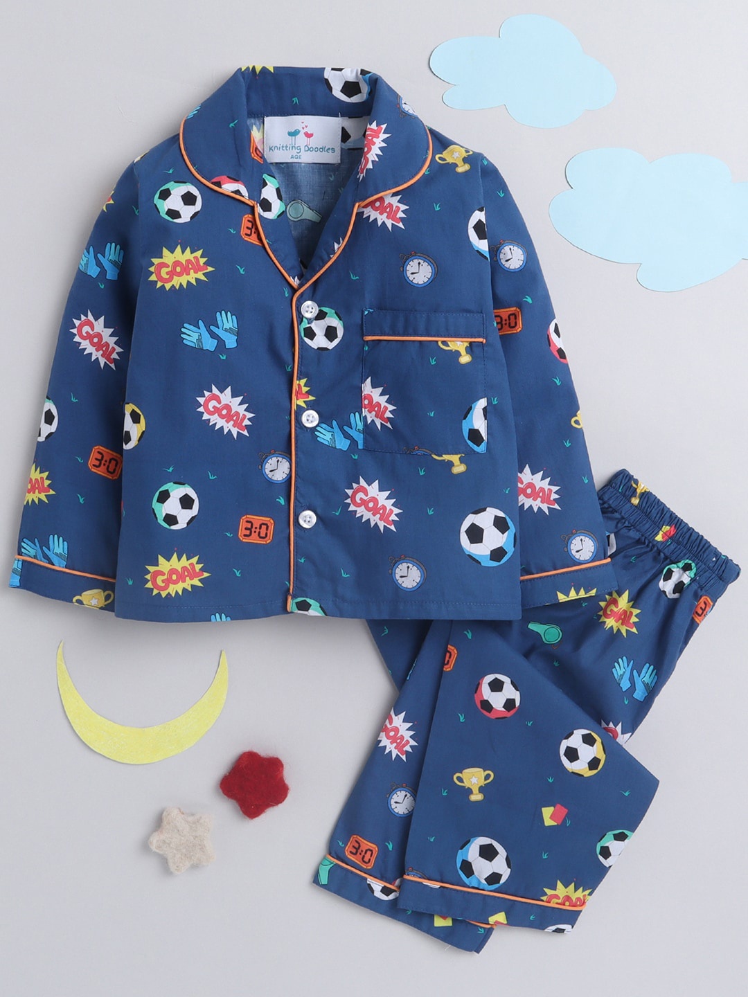 

Knitting Doodles Kids Navy Blue & Yellow Printed Cotton Blend Night suit