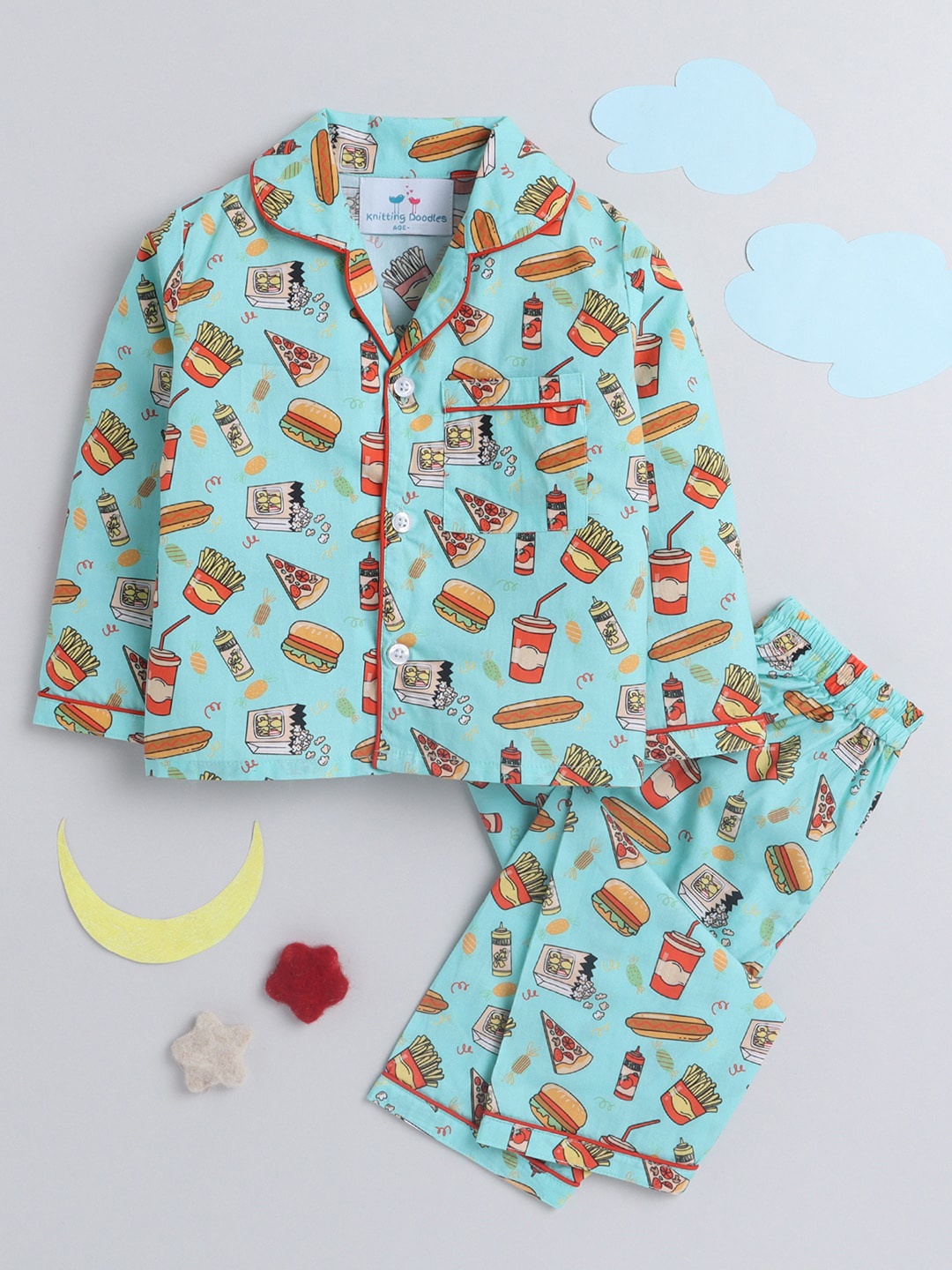 

Knitting Doodles Kids Blue & Orange Printed Night suit