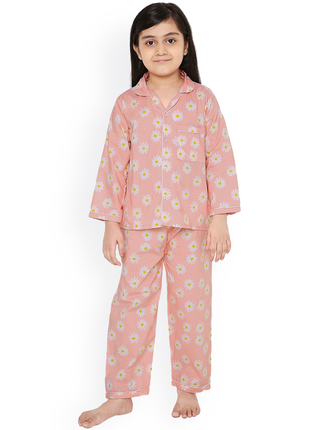 

Knitting Doodles Girls Peach-Coloured & Off White Printed Night suit