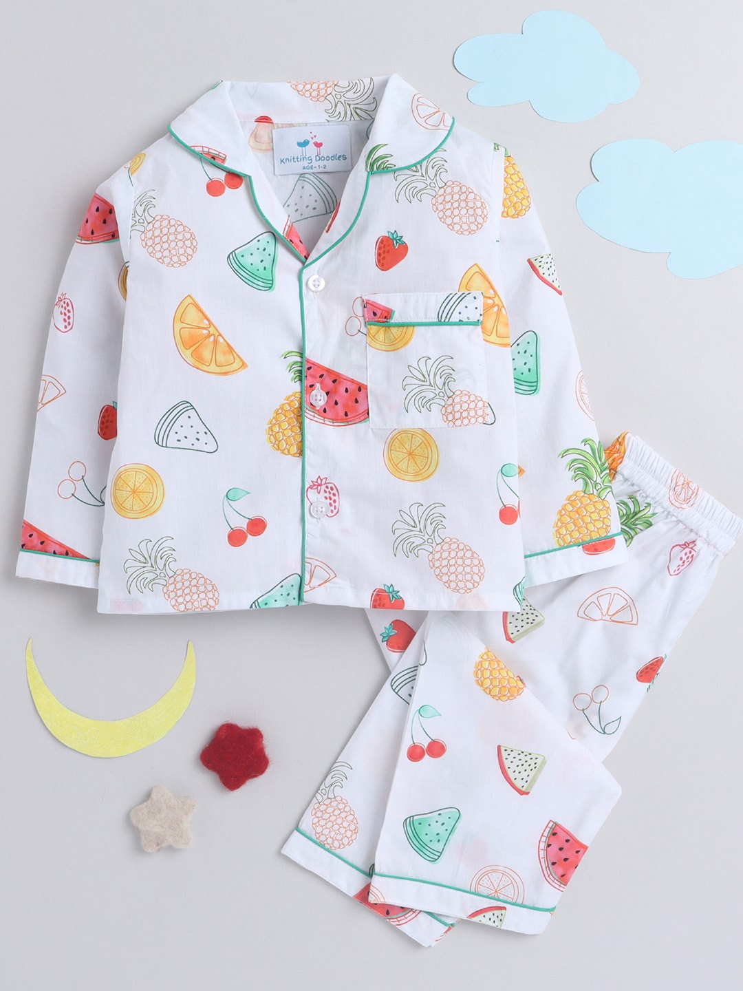 

Knitting Doodles Kids White & Yellow Printed Cotton Blend Night suit