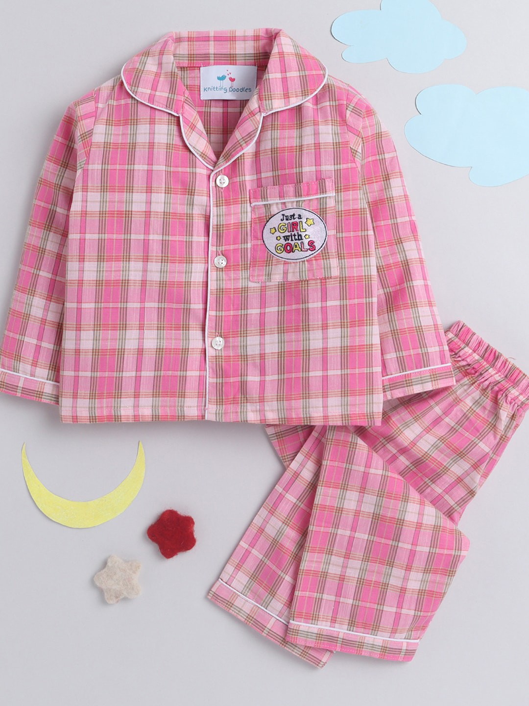 

Knitting Doodles Kids Pink Checked Night suit