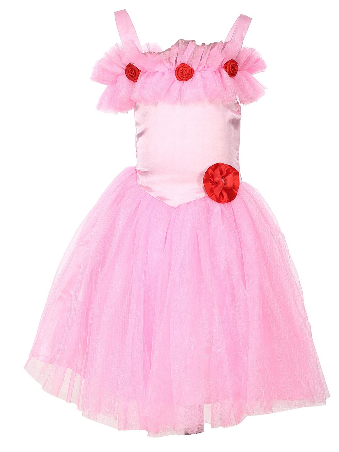 

Samsara Couture Kids Girls Pink Applique Ruffles Shoulder Strap Fit and Flare Net Dress