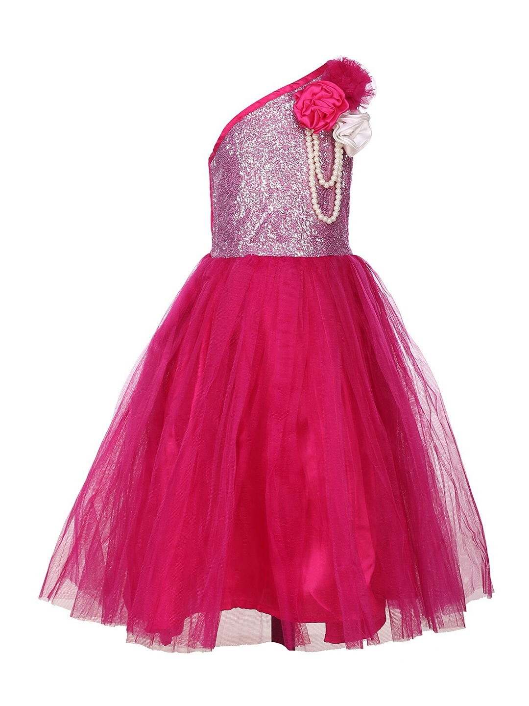 

Samsara Couture Magenta Embellished One Shoulder Net Gown Maxi Dress