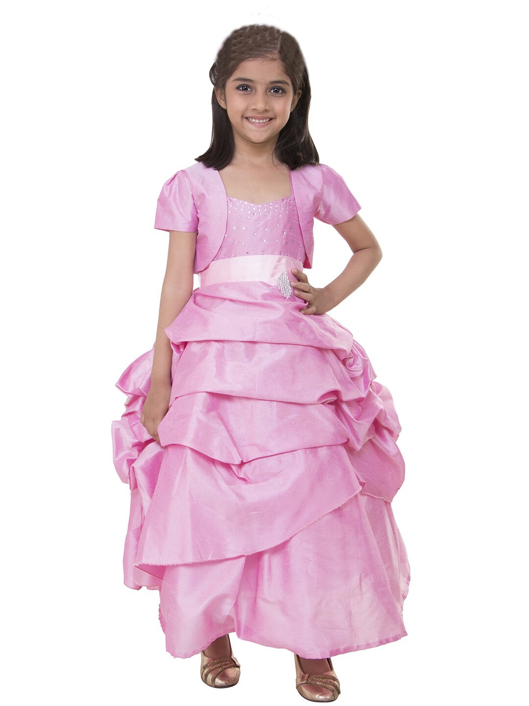 

Samsara Couture Pink Solid Net Maxi Gown Dress