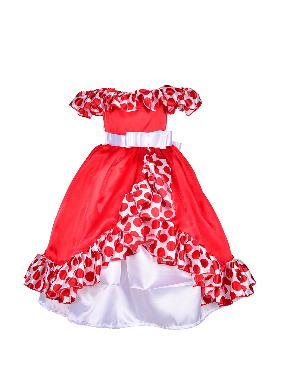 

Samsara Couture Girls Red & White Off-Shoulder Net Maxi Dress