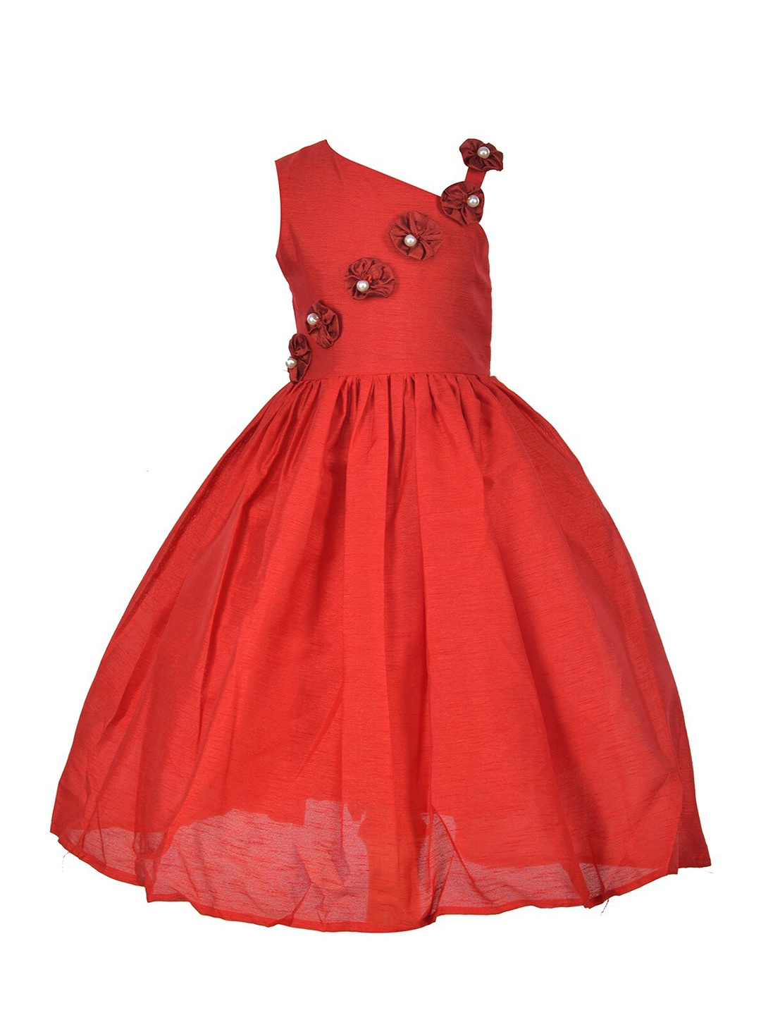 

Samsara Couture Girl Red One Shoulder Applique Net Dress