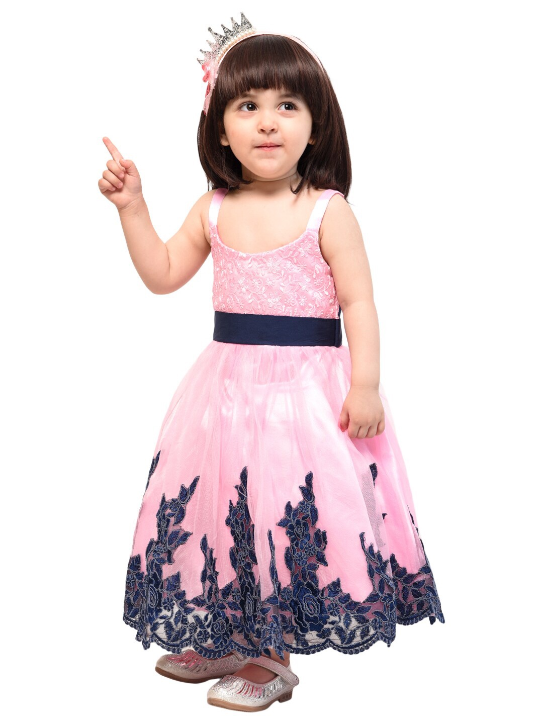 

Samsara Couture Girls Pink & Navy Blue Floral Applique A-Line Dress