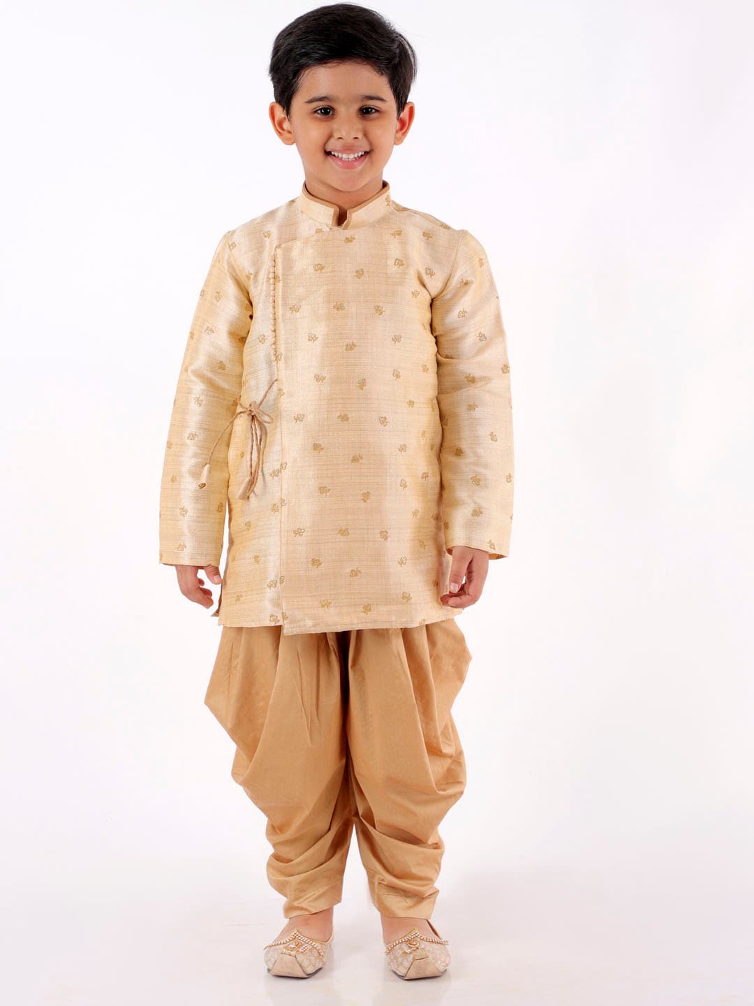 

VASTRAMAY Boys Cream & Gold Silk Blend Angrakha Kurta with Dhoti Pants