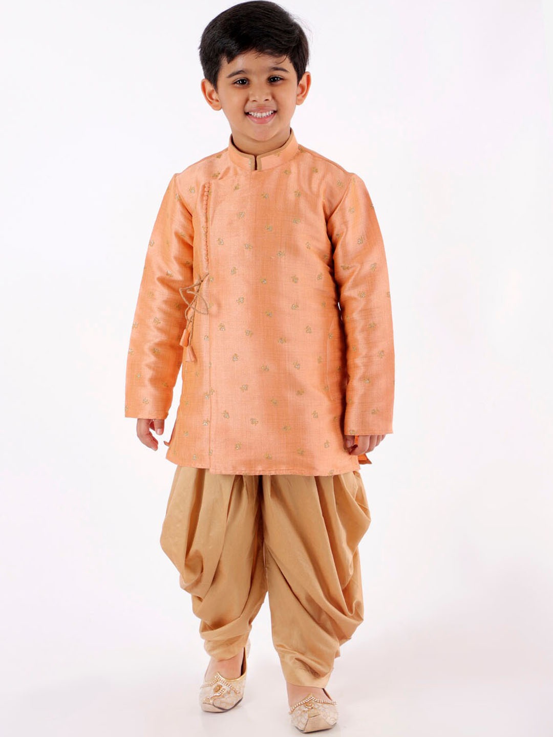 

VASTRAMAY Boys Peach-Coloured Angrakha Kurta with Dhoti Pants