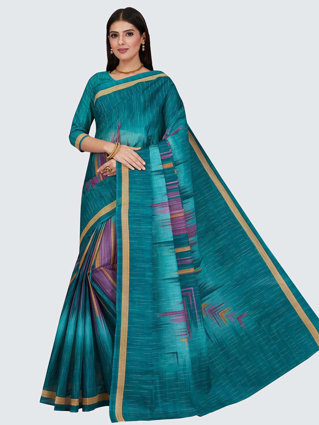 

SHANVIKA Women Blue & Purple Printed Pure Cotton Block Print Saree