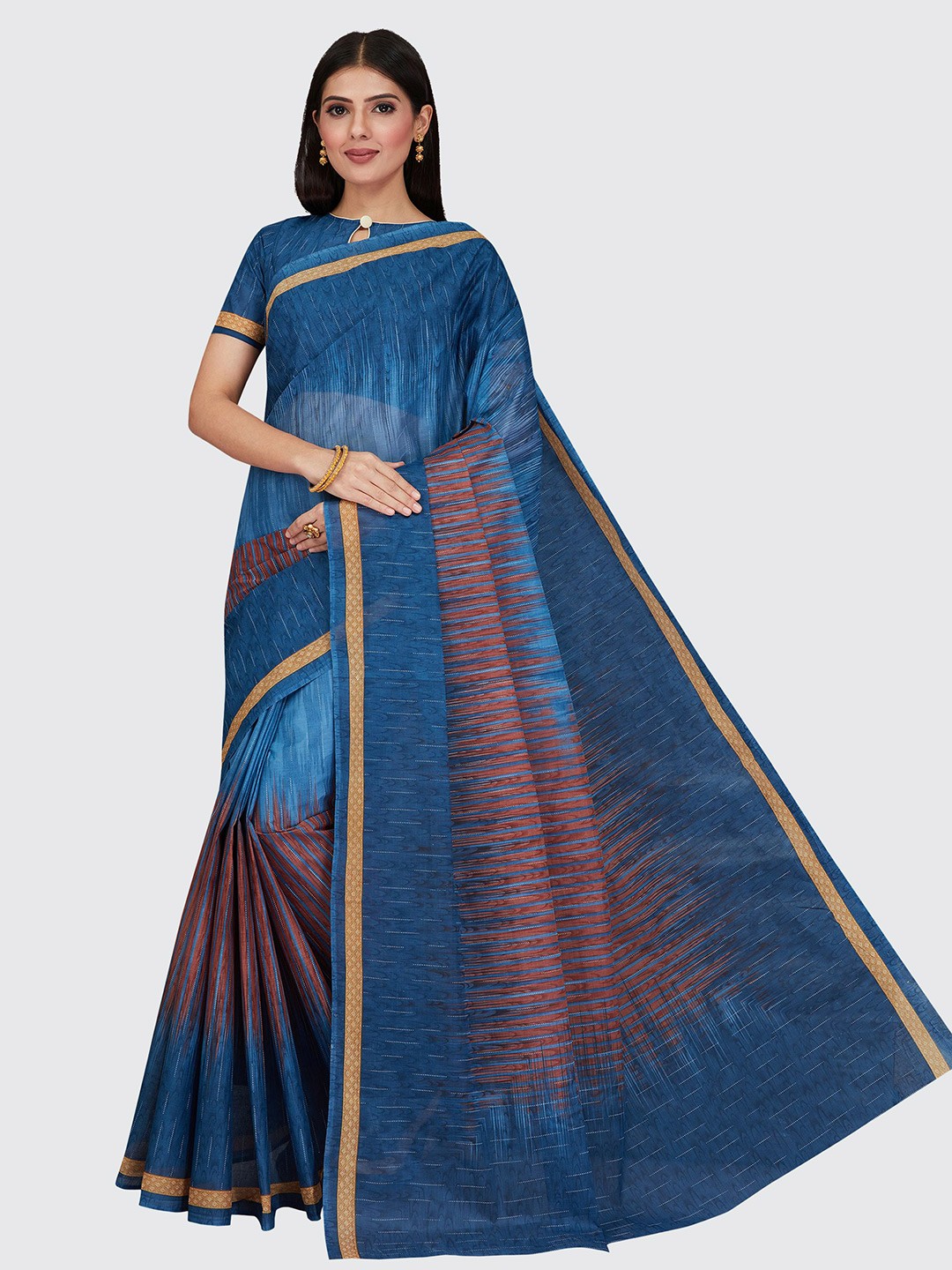 

SHANVIKA Women Blue & Brown Printed Pure Cotton Block Print Saree