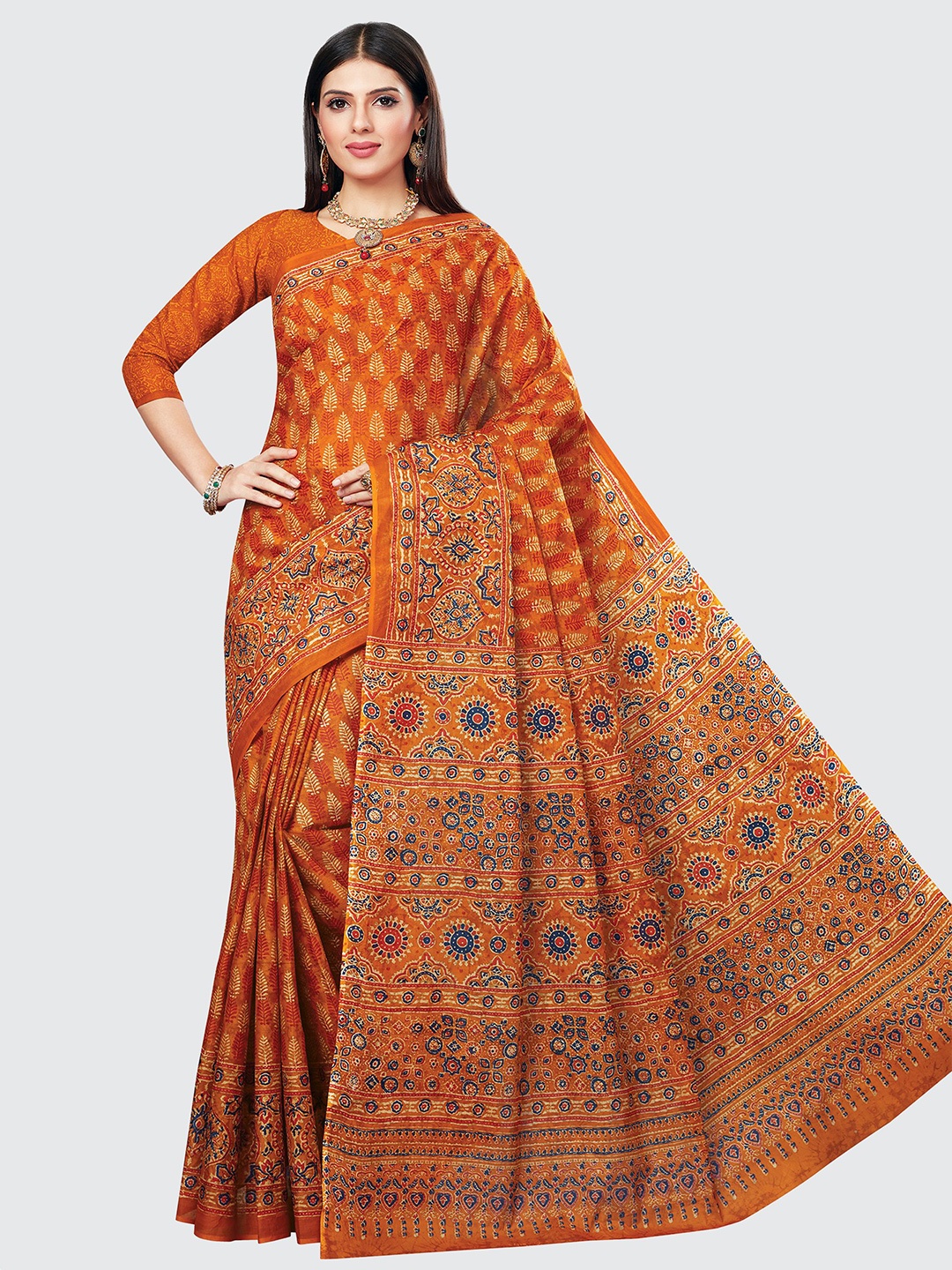 

SHANVIKA Women Orange & Blue Ajrak Printed Pure Cotton Block Print Saree