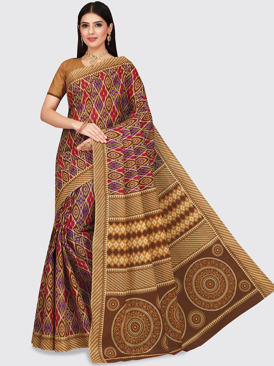 

SHANVIKA Brown & Red Pure Cotton Ajrak Printed Saree
