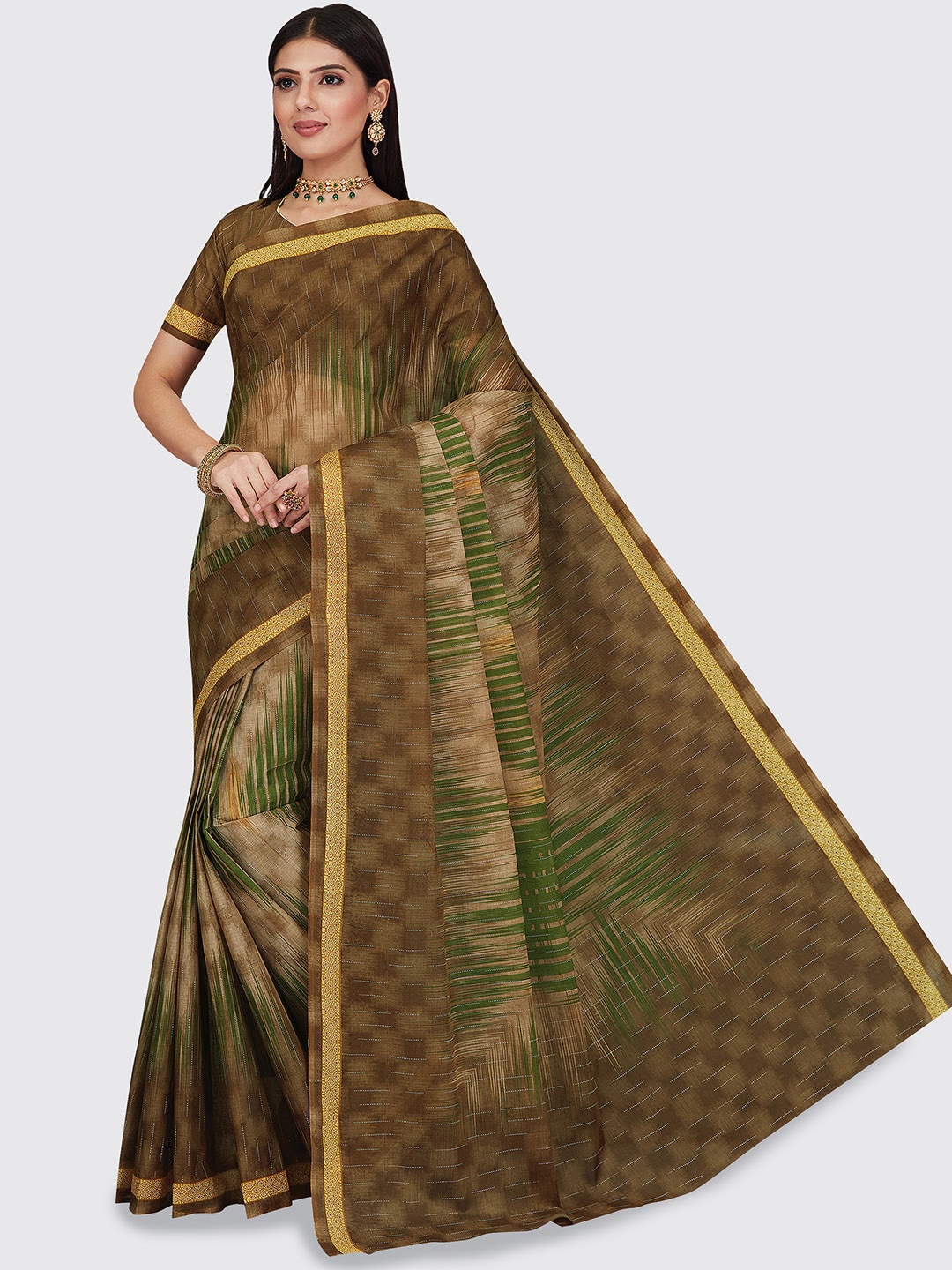 

SHANVIKA Brown & Green Pure Cotton Block Print Saree