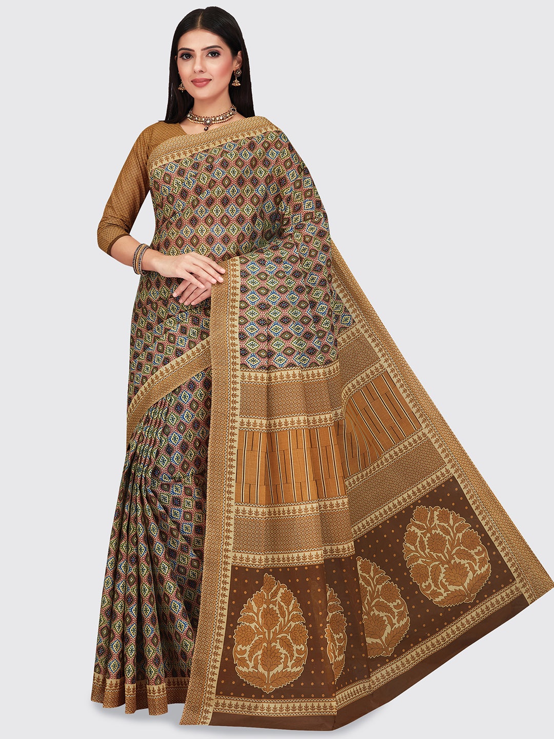 

SHANVIKA Brown & Blue Pure Cotton Block Print Saree