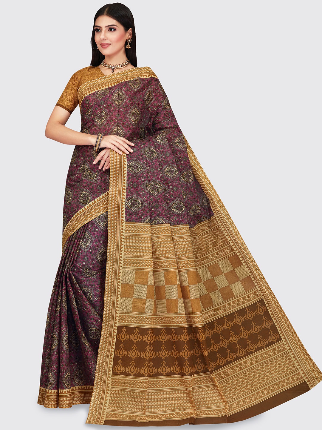 

SHANVIKA Pink & Brown Pure Cotton Block Print Saree