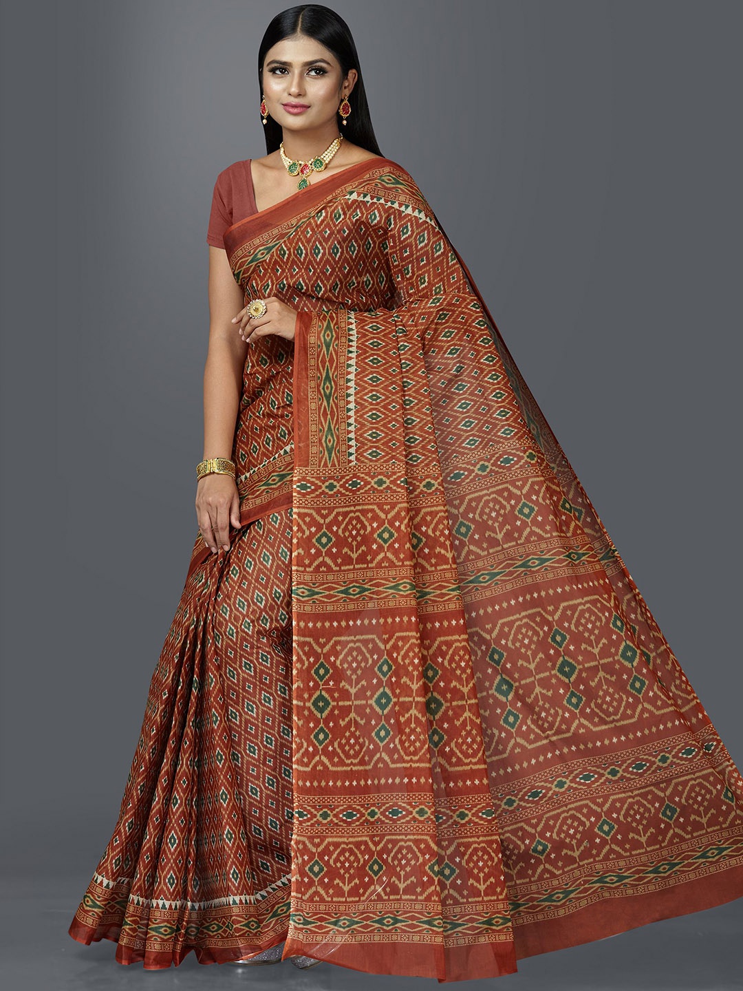 

SHANVIKA Rust & Green Pure Cotton Block Print Saree