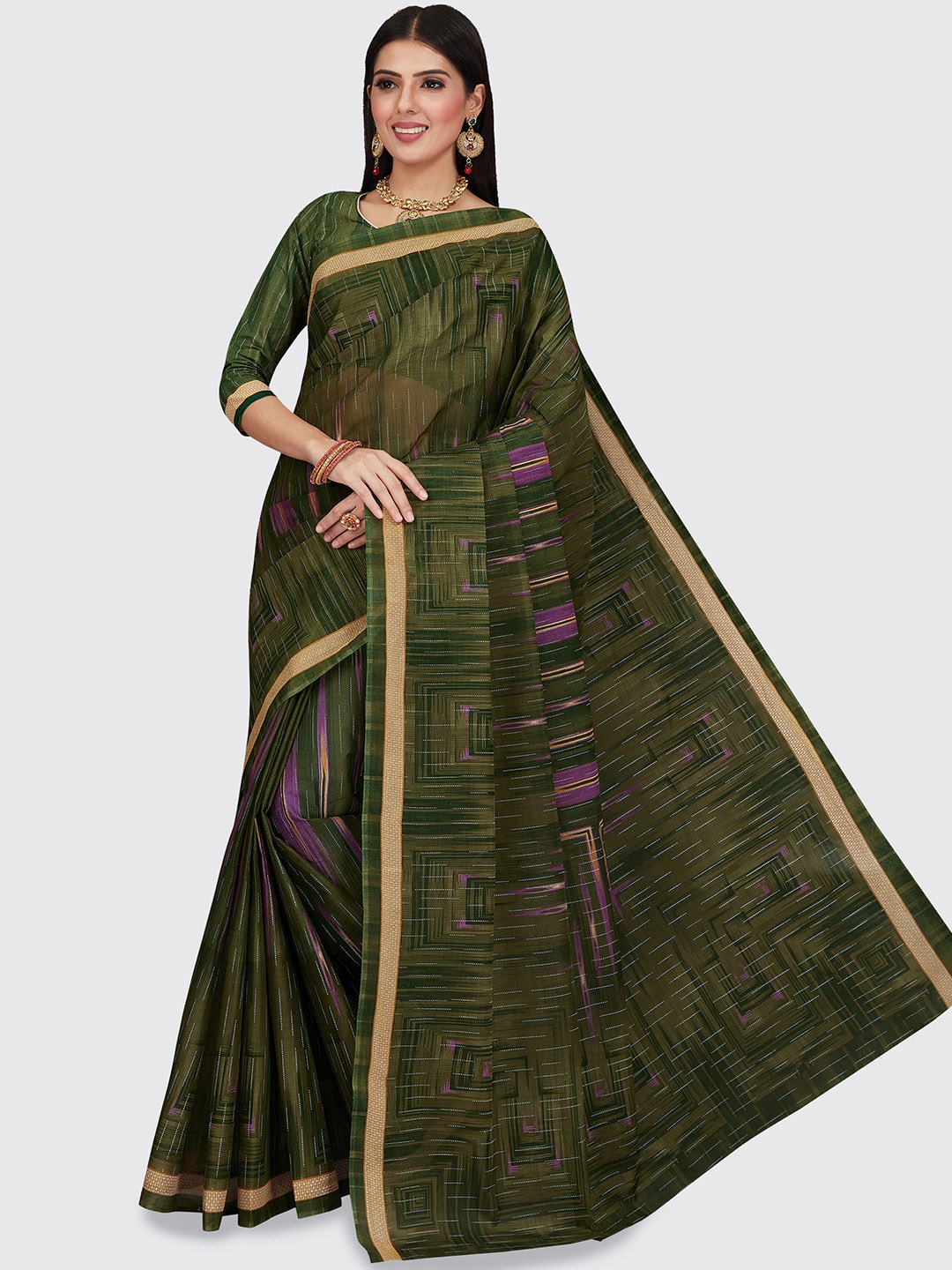 

SHANVIKA Green Pure Cotton Block Print Saree