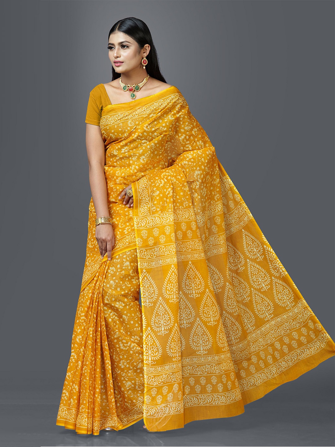 

SHANVIKA Mustard & Off White Floral Pure Cotton Block Print Saree