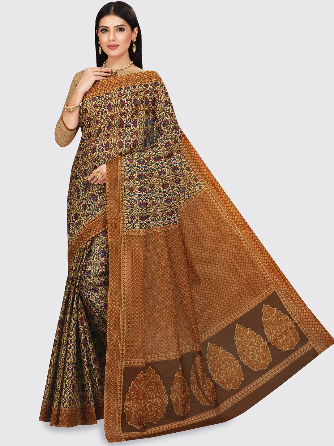 

SHANVIKA Beige & Maroon Pure Cotton Block Print Saree
