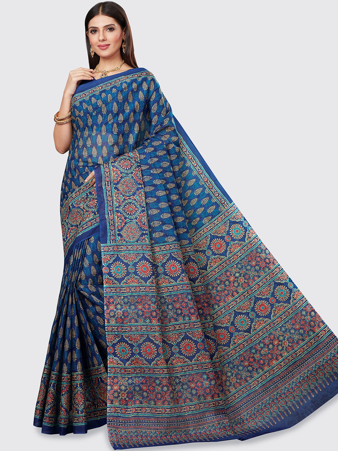 

SHANVIKA Blue & Pink Pure Cotton Block Print Saree