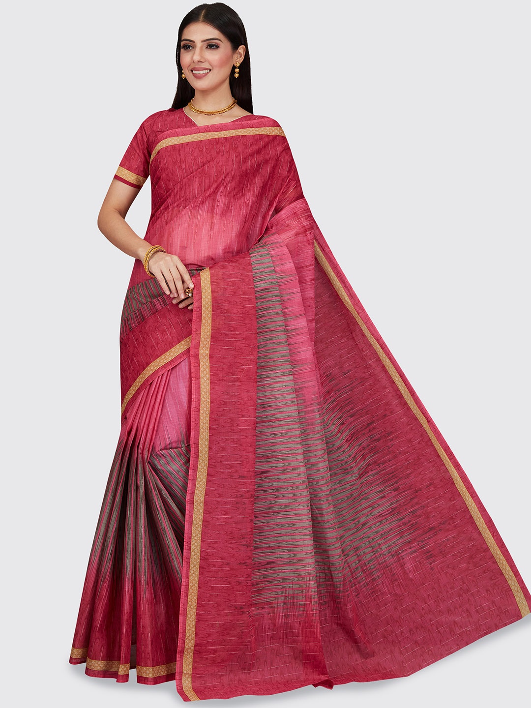 

SHANVIKA Pink & Beige Pure Cotton Block Print Saree