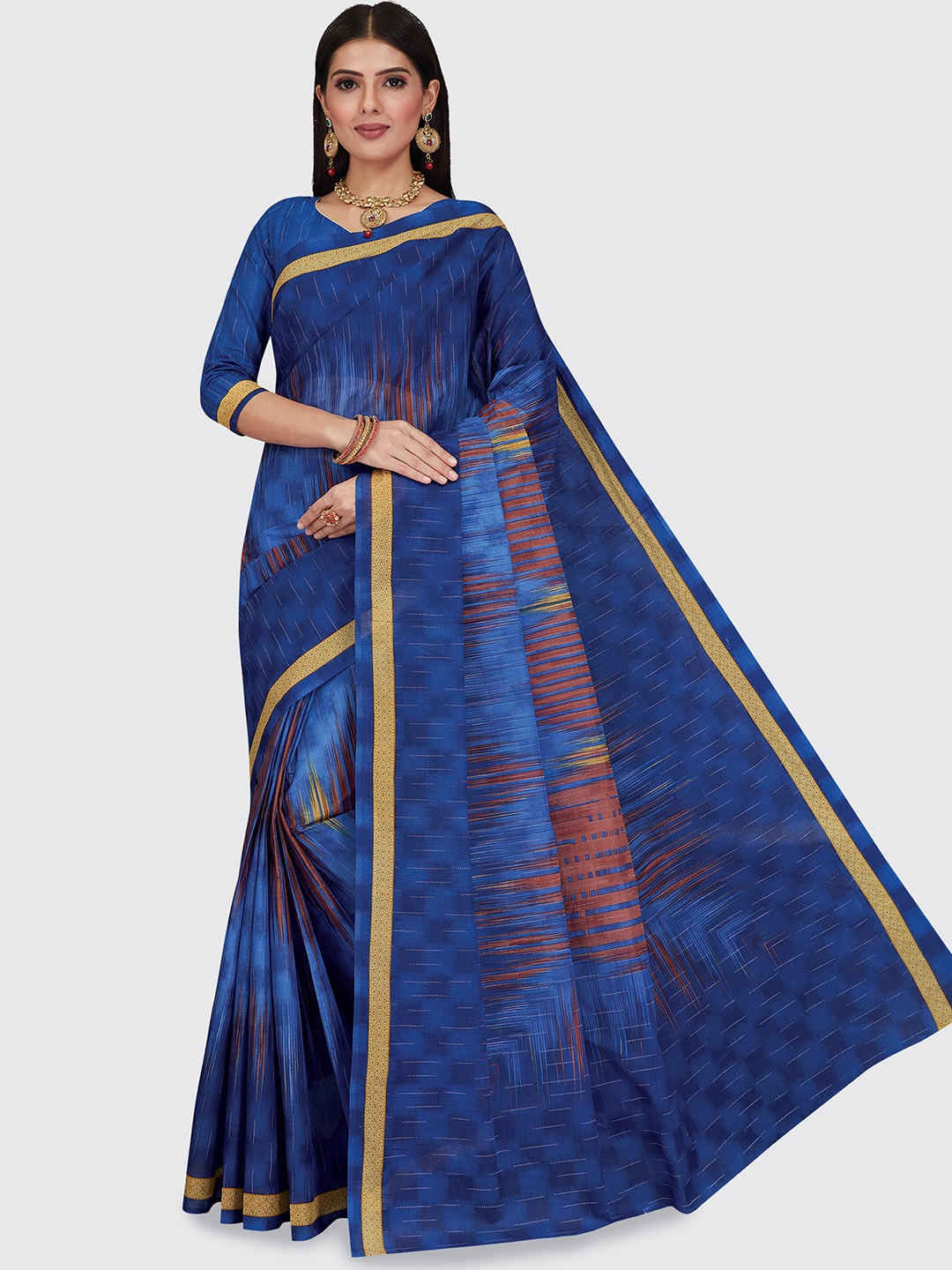 

SHANVIKA Blue & Beige Pure Cotton Block Print Saree