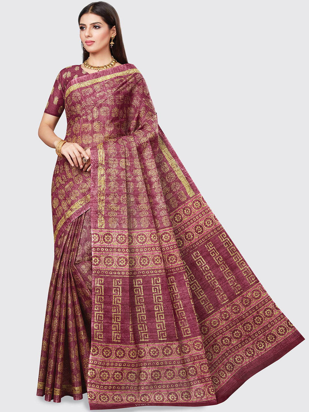 

SHANVIKA Pink & Beige Floral Printed Pure Cotton Block Print Saree