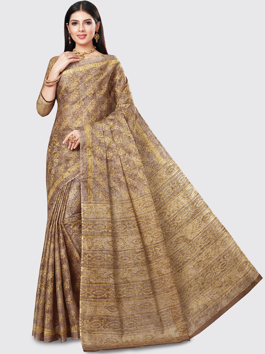 

SHANVIKA Brown & Beige Printed Pure Cotton Print Saree