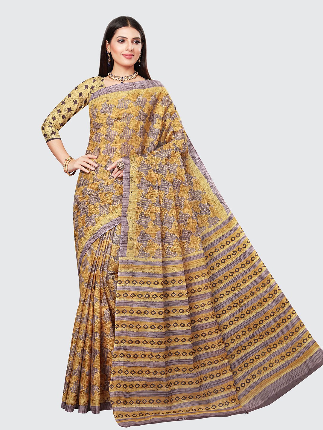 

SHANVIKA Brown & Purple Pure Cotton Print Saree