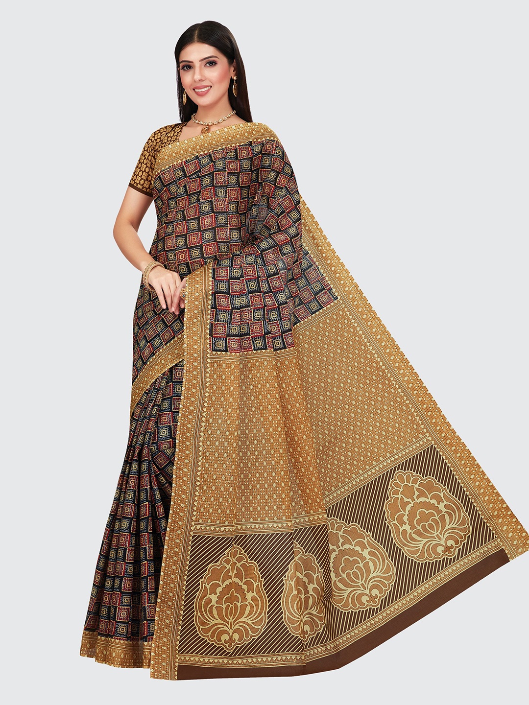 

SHANVIKA Brown & Black Pure Cotton Block Print Saree