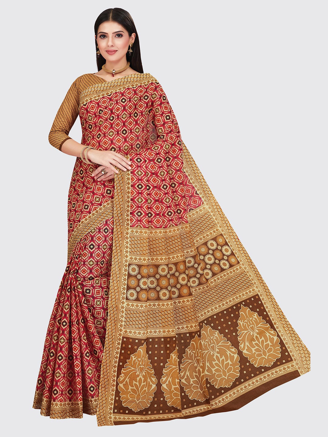 

SHANVIKA Red & Brown Pure Cotton Block Print Saree