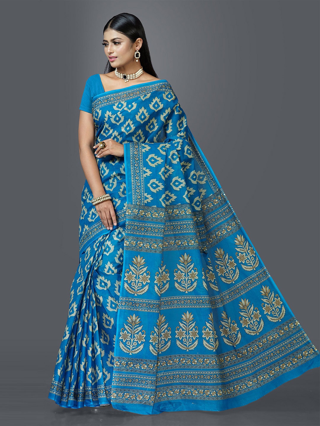 

SHANVIKA Blue & Beige Ethnic Motifs Pure Cotton Block Print Saree