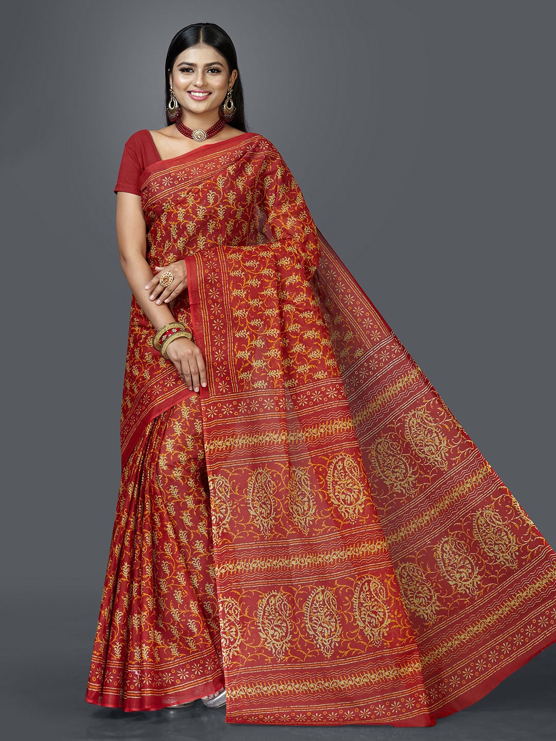 

SHANVIKA Red & Yellow Ethnic Motifs Pure Cotton Block Print Saree