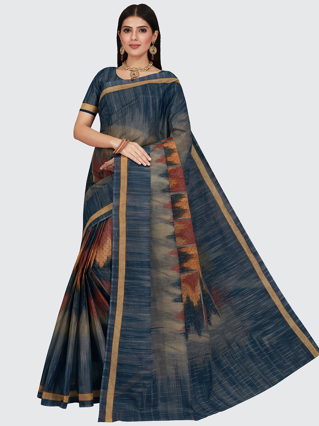 

SHANVIKA Blue & Grey Pure Cotton Print Saree