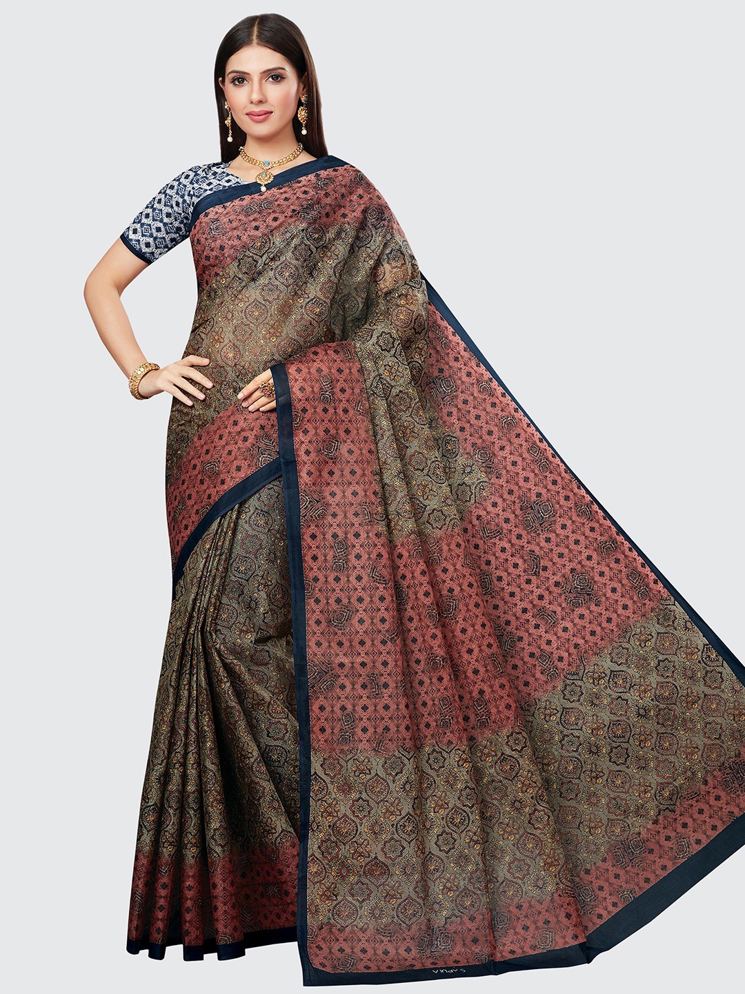 

SHANVIKA Grey & Brown Ajrak Pure Cotton Block Print Saree