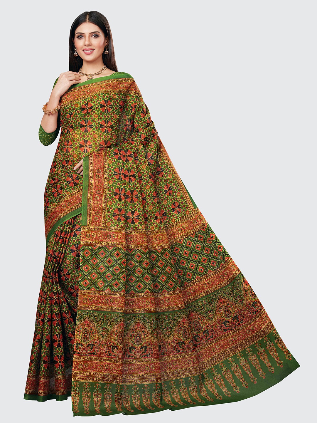 

SHANVIKA Green & Orange Pure Cotton Block Print Saree