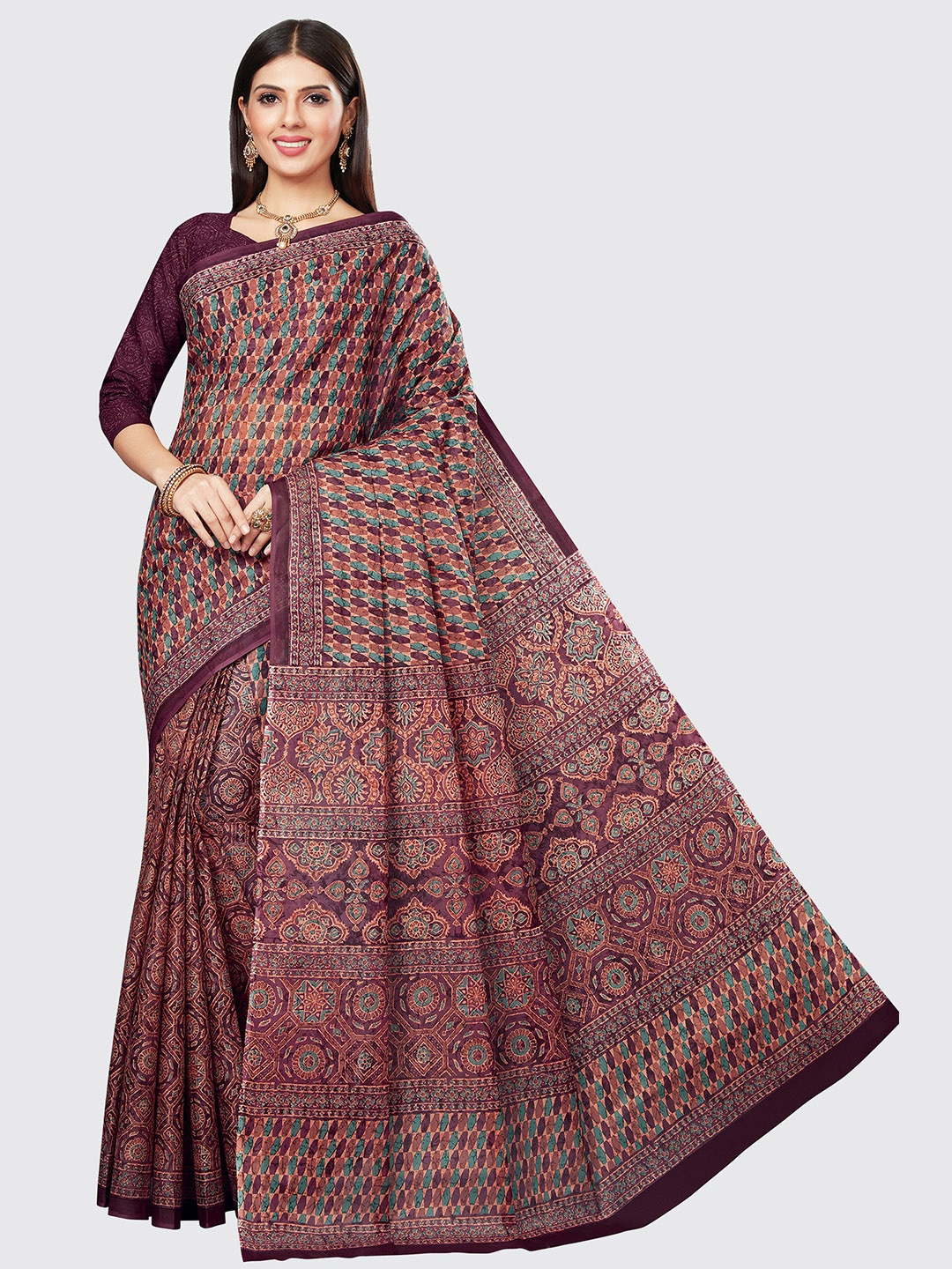 

SHANVIKA Purple & Blue Pure Cotton Block Print Saree